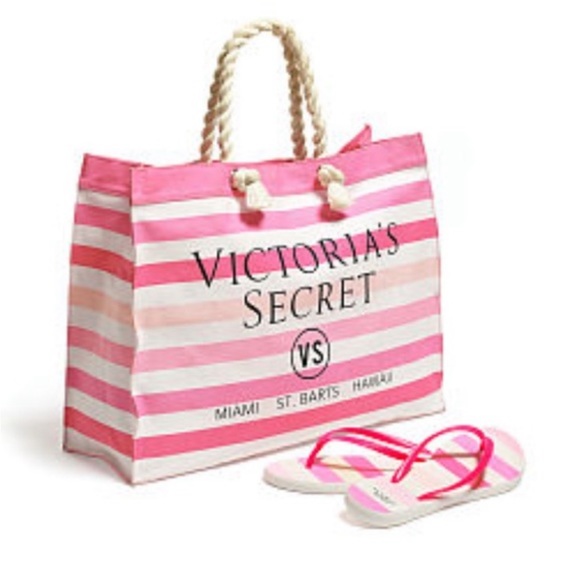 New Victoria's Secret Striped Flip Flops & Tote Bag - Small 5/6 - Picture 3 of 4